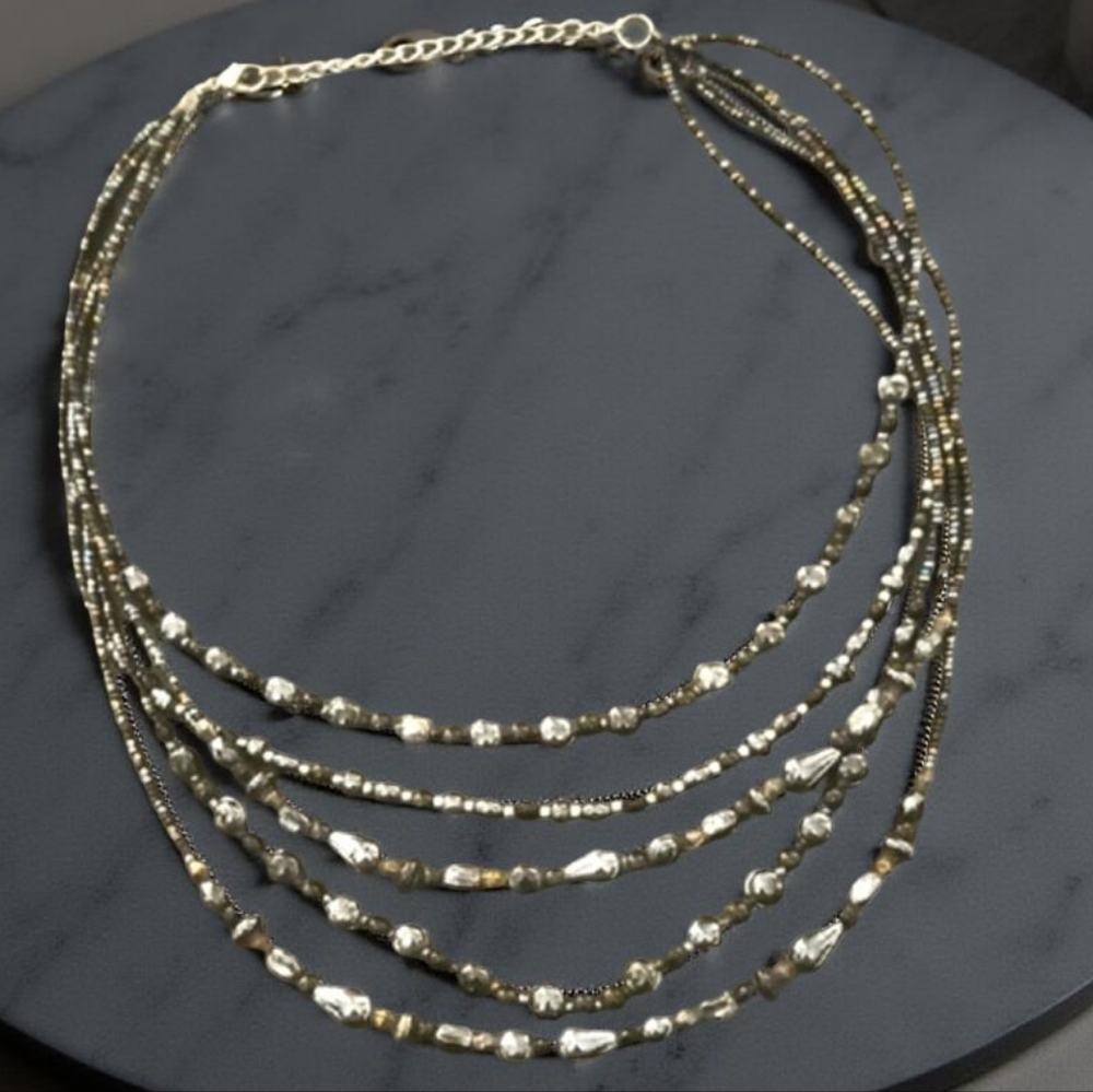 Beaded Necklace | Multi-Layer Black Brown and Silver-Tone